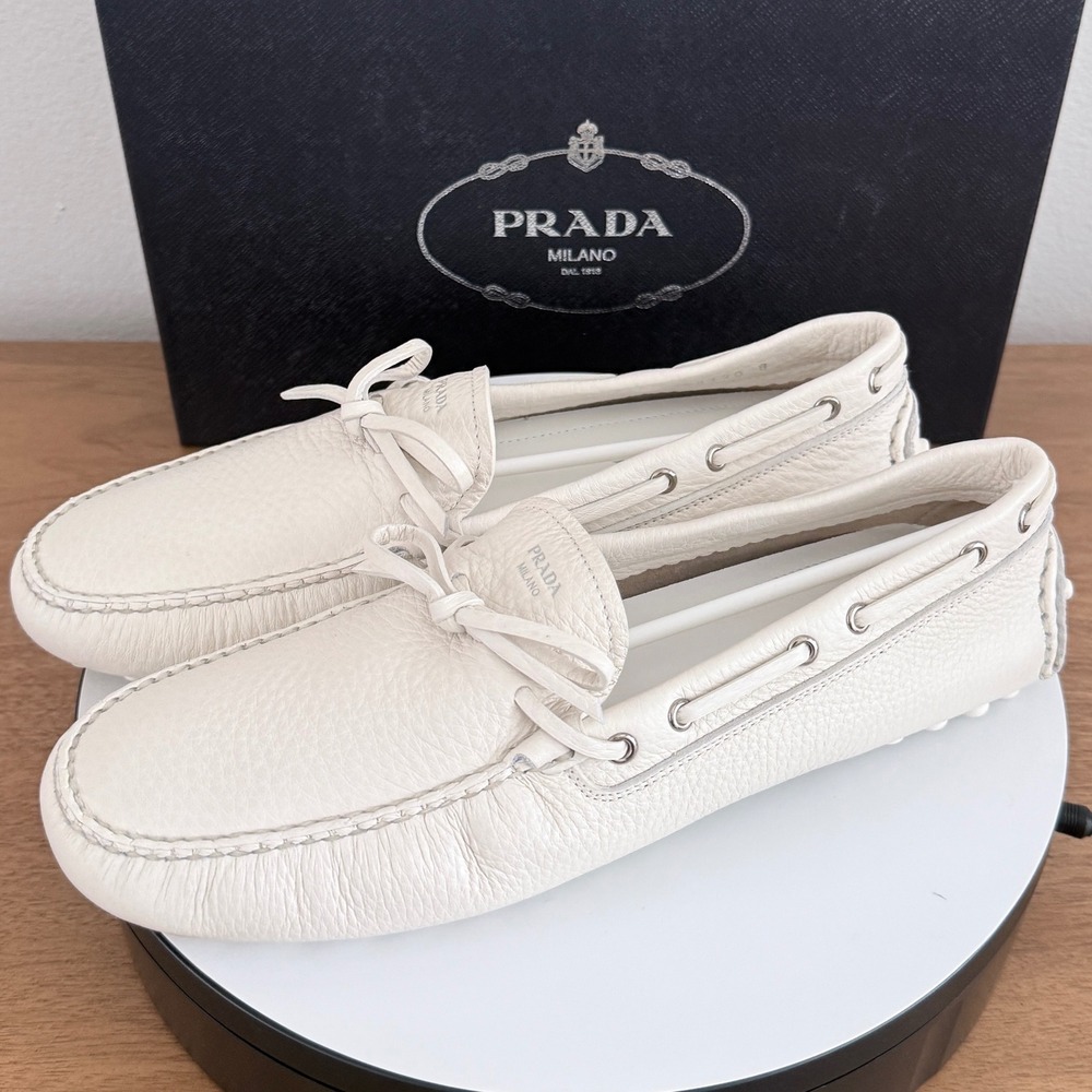 Prada Mens Bianco White Pebbled Leather Driving Loafers 2DD190 US Size 9